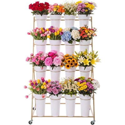 4-Tier Rolling Flower Stand with 16 Buckets & Buckle Holders – Lockable Wheels Mobile Plant Shelf for Florist Shop, Patio, Wedding – White/Gold