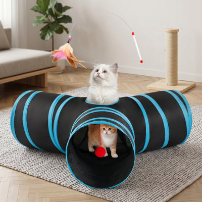 Petit tunnel de jeu pliable à 3 voies pour chats d'intérieur, comprenant une baguette, des trous de coucou et une balle de jouet, noir et bleu, pour les chatons et les lapins