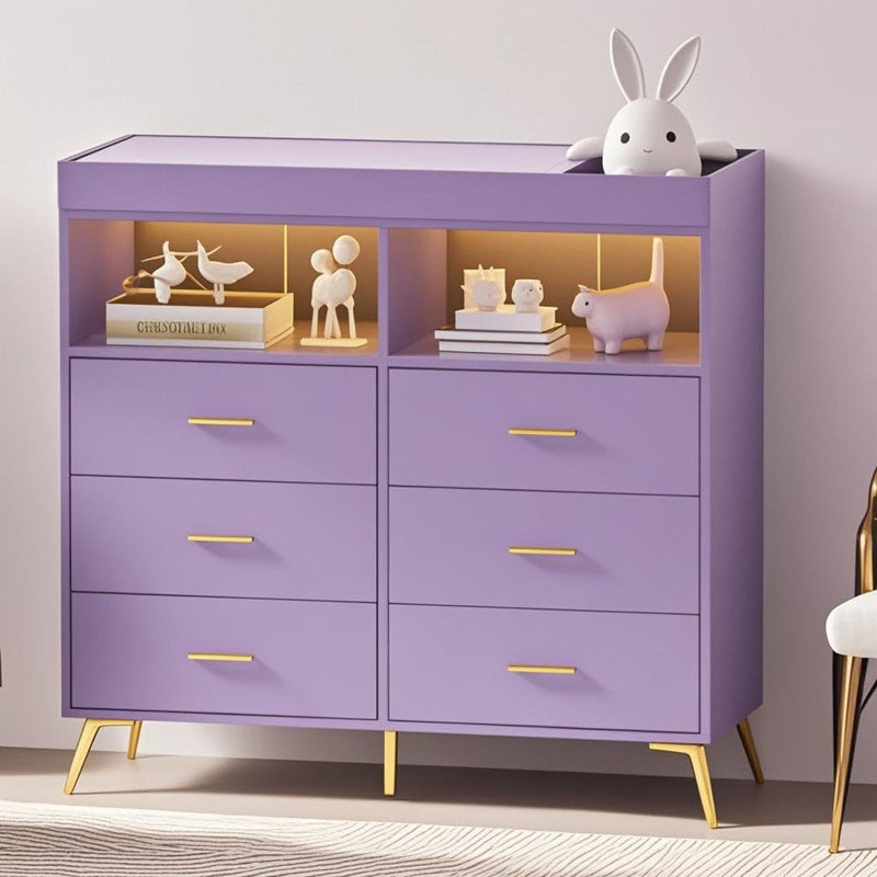 Changing Table Dresser with Drawers, Baby Dresser with Changing Table Top, Power Outlet, LED Light & Metal Feet, Diaper Changing Station Nursery Organizer for Infants