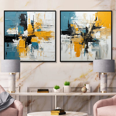 Blue And Yellow Paint Elegance I - Abstract Wall Art Living Room Set Of 2