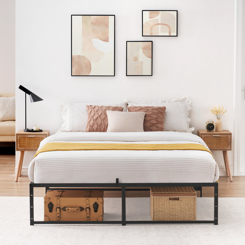 Sturdy 3-in-1 Steel Support Metal Bed Frame – Queen Size, 14 Inch High Platform, Heavy Duty Foundation, Large Underbed Storage, Noise-Free, No Box Spring Needed, Easy Assembly, Black 