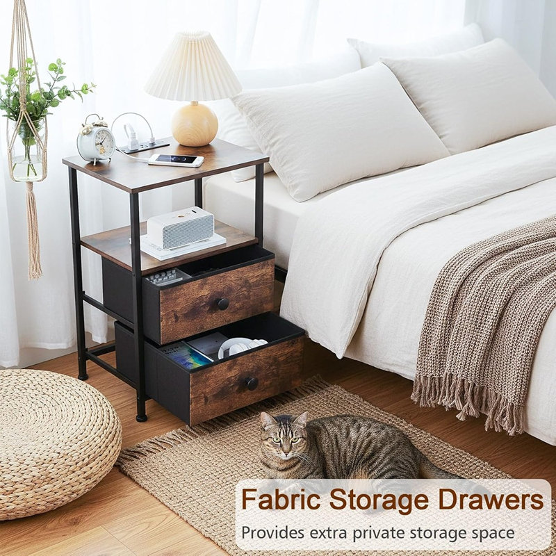 Ensemble de 2 tables de chevet à DEL avec station de charge, tables de chevet avec tablette de rangement et 2 tiroirs en tissu pour chambre à coucher et petits espaces, brun rustique