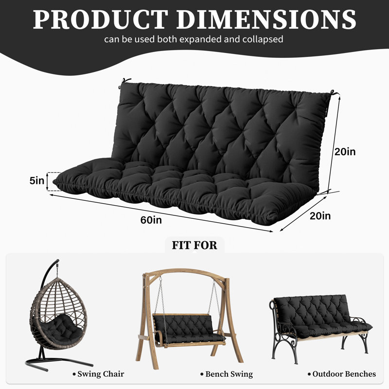 Coussin de banc d'extérieur Wynee, L 59,5 po x P 20 po, Noir