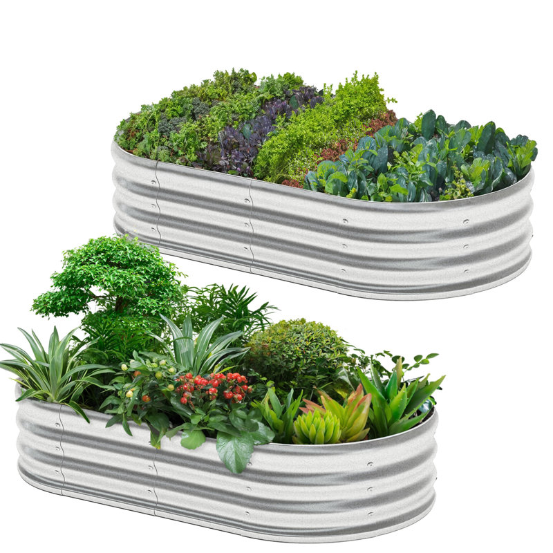 Metal Outdoor Raised Garden Bed, Oval Type, Galvanized Frosted Silver (Set of 2)