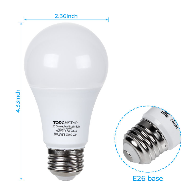 A19 LED Dimmable Bulb 9.5W 60W Eqv., E26 Base, 2700K