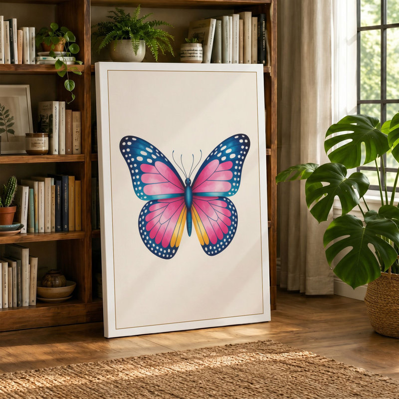 Symmetrical Butterfly Botanical - Wrapped Canvas, 36x24 - 91.4 x 61.0 cm, Ochre Border