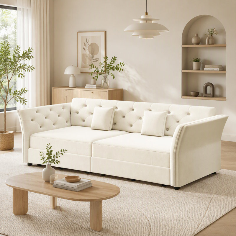 Canapé-lit convertible de 74,4 pouces en velours pour lit escamotable, Beige+White Velvet