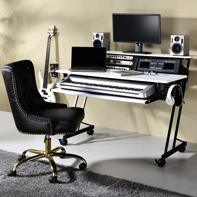 Bureau d'enregistrement de musique rectangulaire avec base en métal avec plateau à clavier blanc et noir Wb