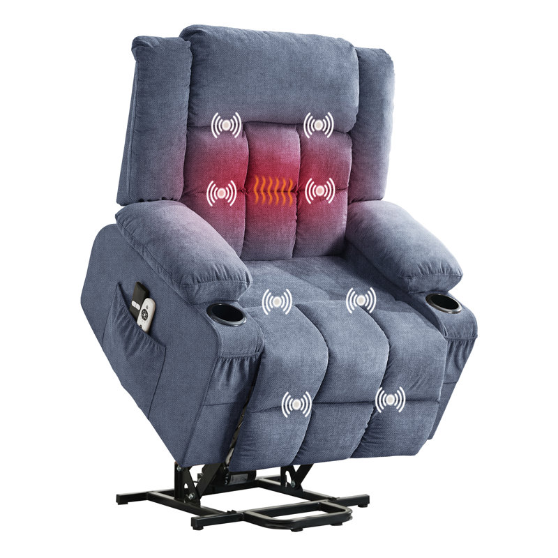 Grand fauteuil inclinable Power Lift pour personnes âgées avec massage et chaleur, 3 positions, 2 poches latérales et 2 porte-gobelets, ports USB