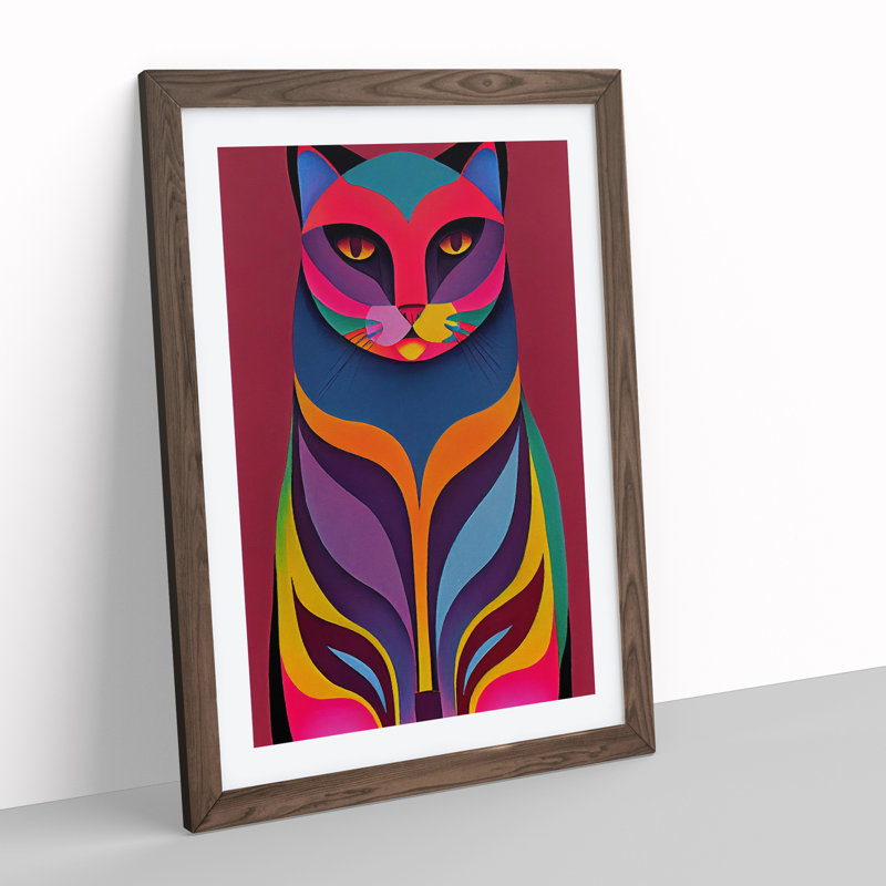Vibrant Cat Abstract - Wall Art, Walnut Picture Frame, 66cm H x 48cm W, White