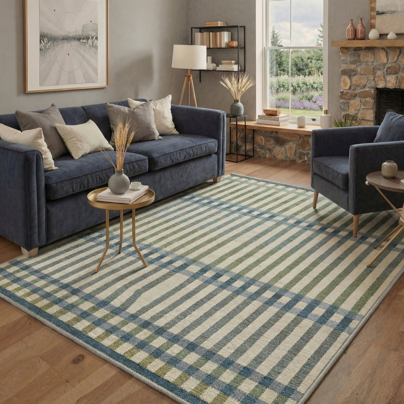 Abdellah Modern Plaid Machine Washable Green/Blue/Beige Indoor Area Rug with Non-Slip Backing, Rectangle 6' x 9'