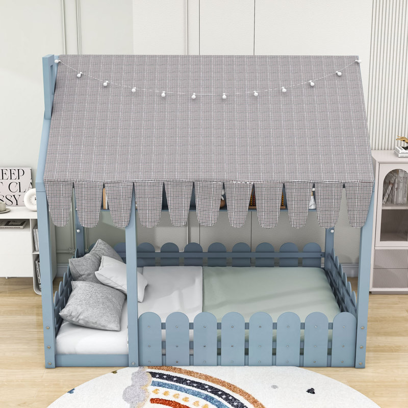 Lit sur pied Montessori avec tablettes intégrées, Lit double, Gris