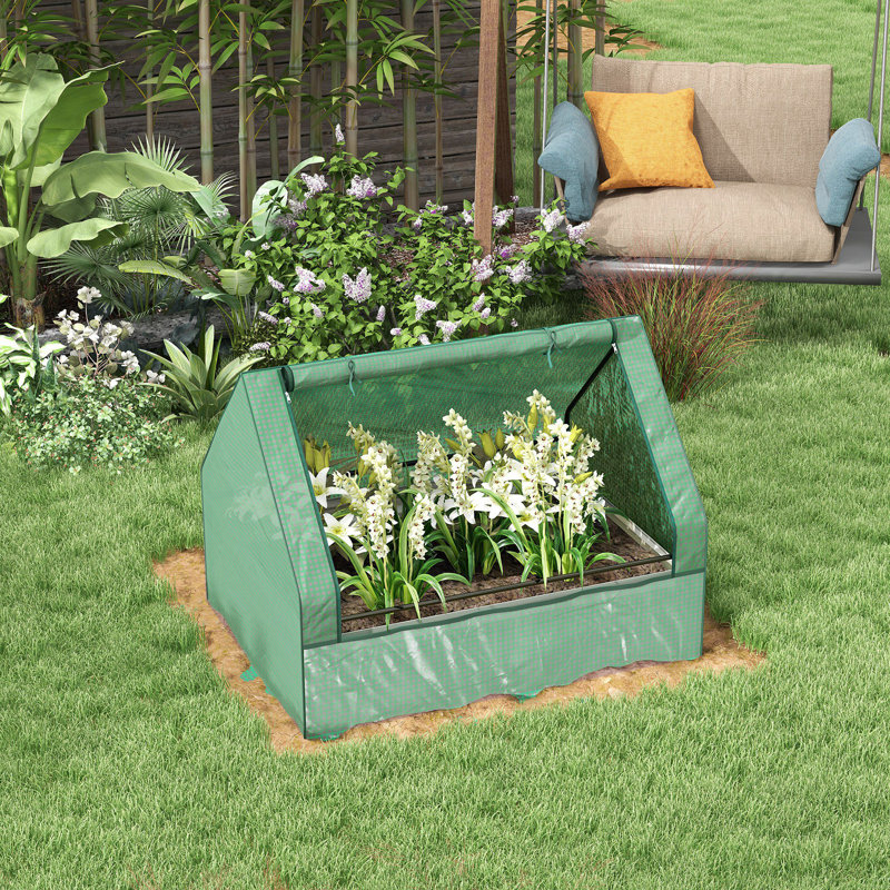 Garden Bed With Mini Greenhouse, Galvanized Outdoor Planter Box With Cover, Green