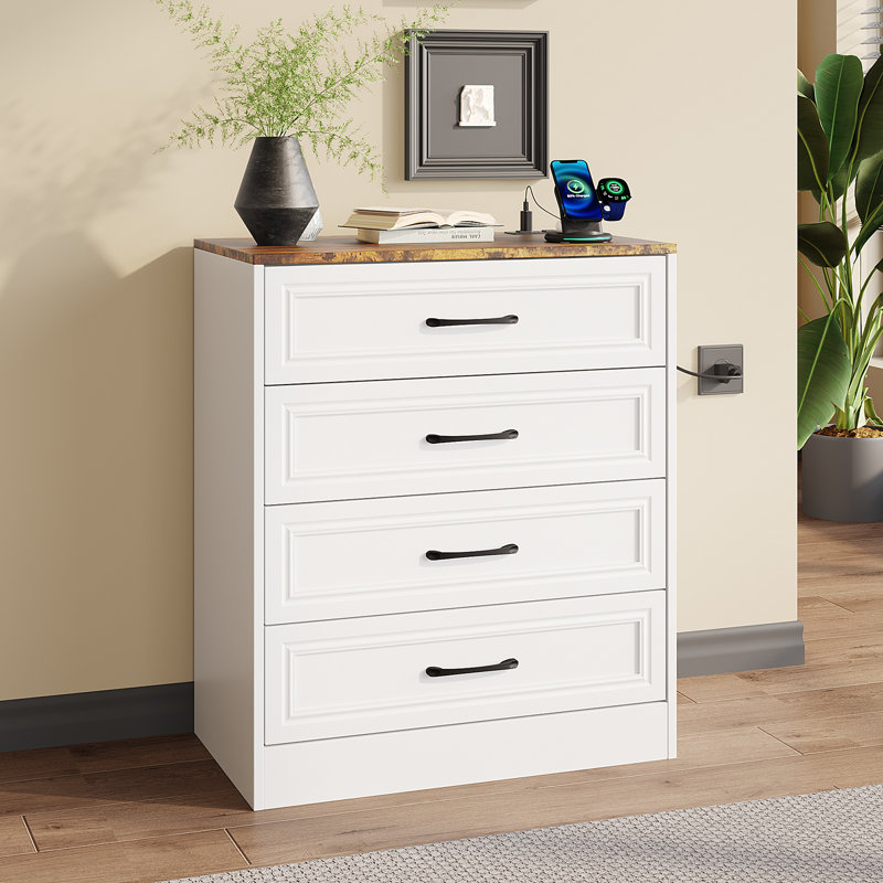 Iasia 4-Drawer Dresser with Charging Station, White/Brown