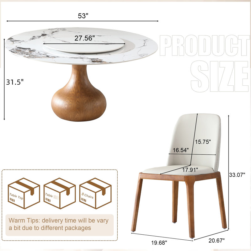 Table de salle à manger ronde en pierre frittée de 53 po, design moderne de luxe américain, table tournante 360 °, 8 places, palette de couleurs blanc noyer, surface facile à nettoyer, espace de rassemblement de pièce de style moderne, finition rotative,