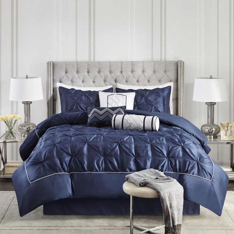 Magnifique édredon bleu marine 7 pièces - édredon Opulence, taies décoratives, coussins et jupe de lit froissée - option de literie de luxe chic et facile d'entretien