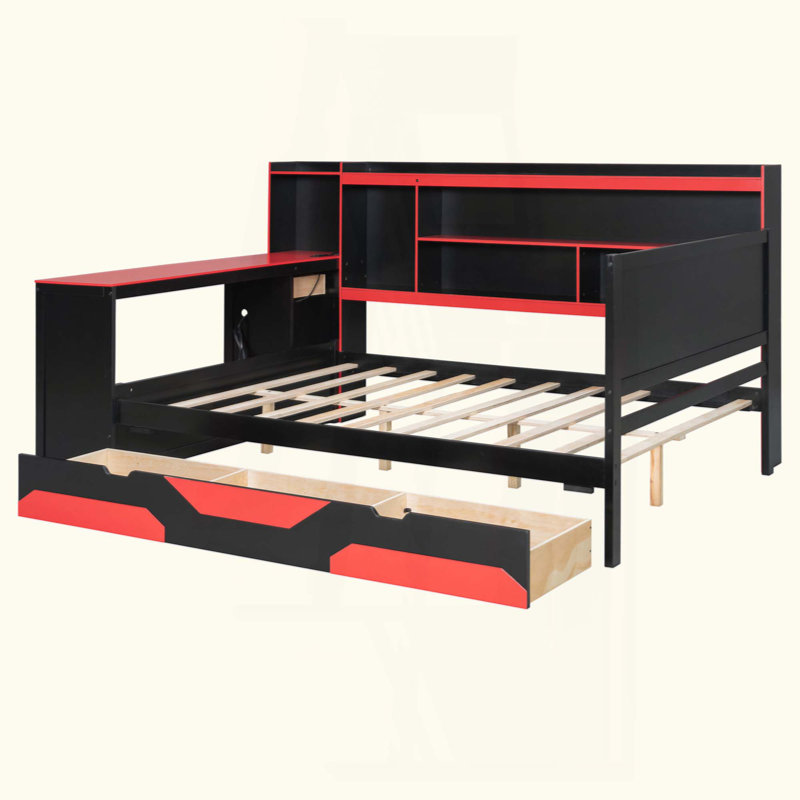 Lit de jour de jeu avec bureau et lumières intégrés, base de lit en bois moderne avec 3 tiroirs de rangement et station de charge intégrée, bibliothèque de tête de lit multifonctionnelle