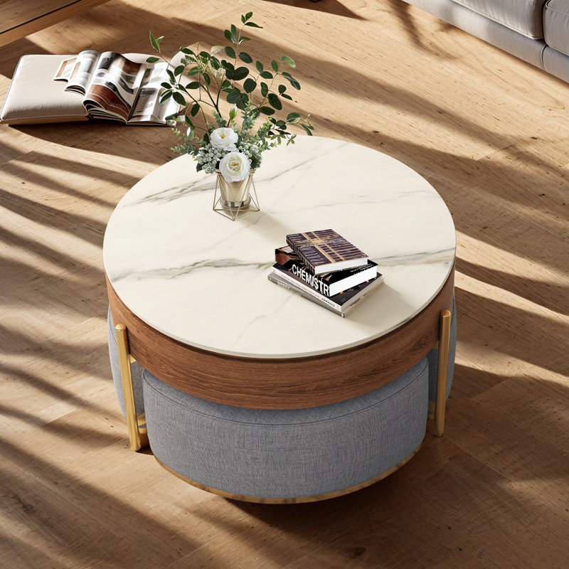 Lift-Top Extendable Frame Coffee Table Included 3 Stools，Round Coffee Table with Storage