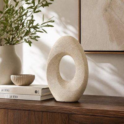 Modern Abstract Ceramic Oval Hollow Accent for Tabletop Centerpiece - Sculptural Decorative Object for Home Decor, Shelf and Living Room Decoration - 16"