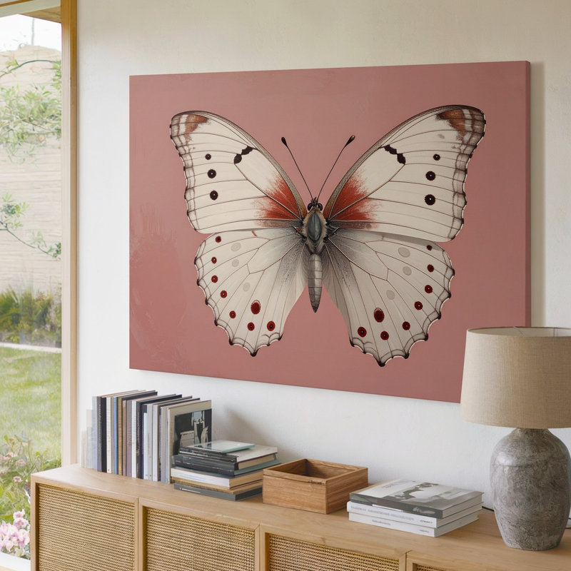 Art mural, papillon sur fond rose terre cuite, ailes simples, H 9 po x l 12 po