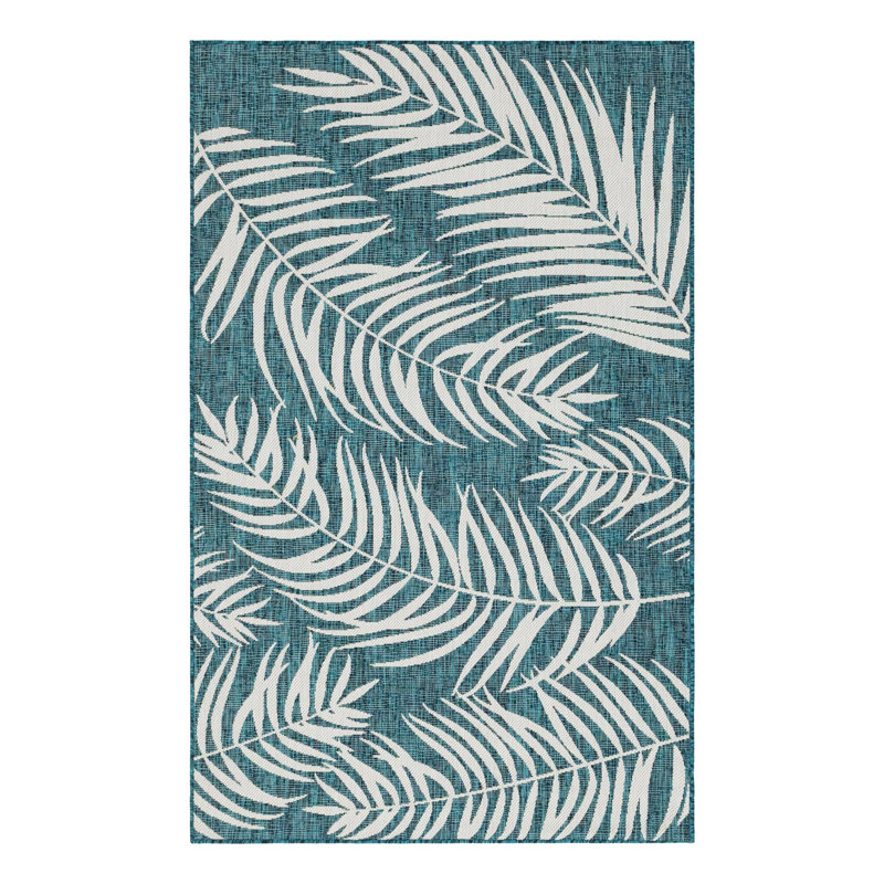 Tapis intérieur / extérieur Union City en bleu sarcelle / ivoire, Rectangle 9 pi x 12 pi 2 po