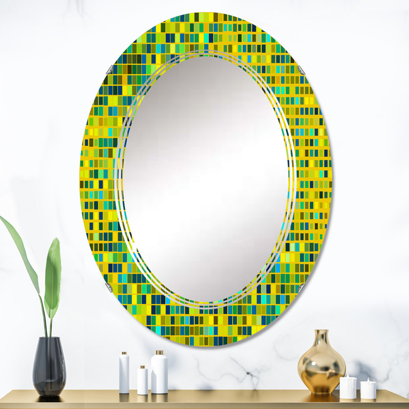 Cubes de Pixel jaune clair bleu clair - Miroir mural à motif ovale, 36 po x 24 po