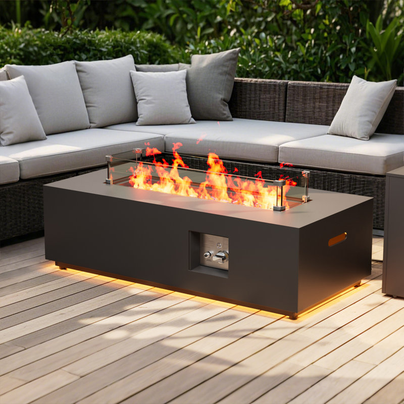 42" Rectangular Propane Fire Pit Table LED Outdoor Patio Backyard Gas Firepit Table with Golden Light Strip, 50,000 BTU Burner, Tank Storage, Glass Wind Guard, Lid and Protective Cover, Outdoor Gas Fire Pit, Patio Fire Pit Table, Backyard Fire Pit