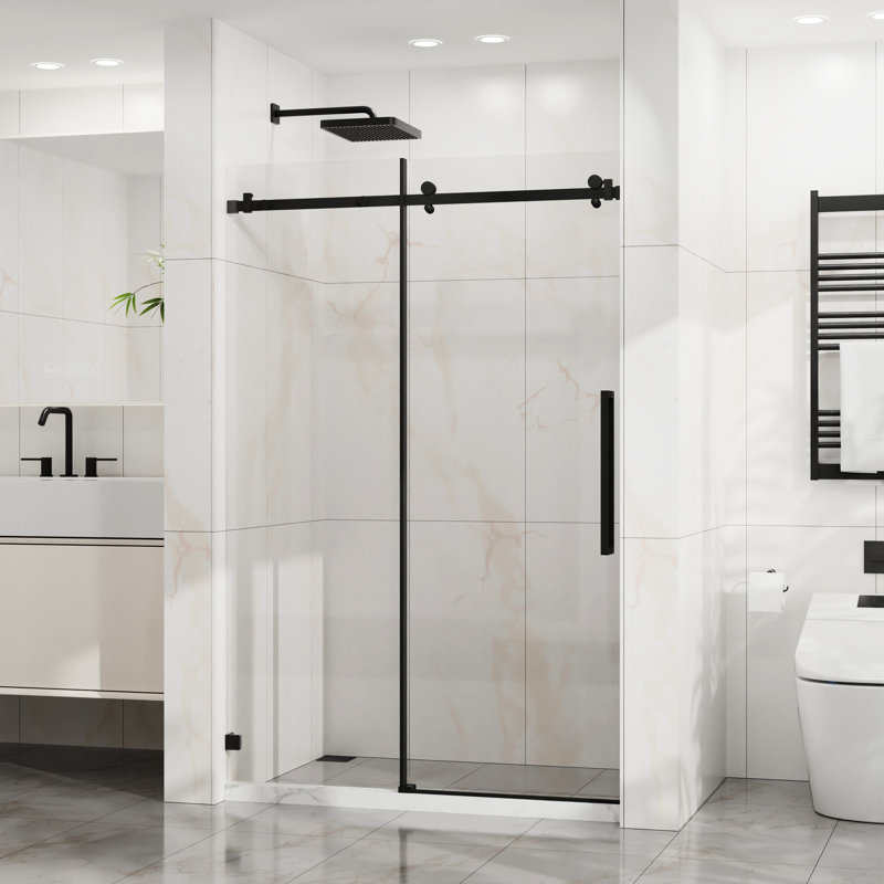 Porte de douche coulissante réglable de 44 à 48 po de largeur, verre trempé transparent de 6 mm, joint étanche, porte de salle de bain moderne avec roulettes en acier inoxydable de 1/4 po (6 mm), finition noir mat, facile