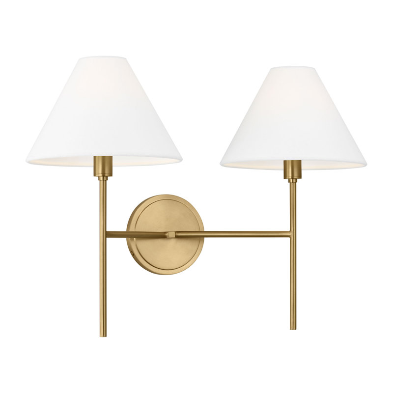 Chapman & Myers Ridgewood Bathroom Bedroom Wall Fixture With White Linen Shade, 14.25" H x 19" W x 9.375" D, Burnished Brass