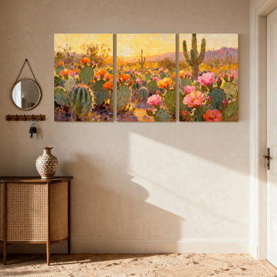 Cactus désert, fleurs de cactus, paysage coucher de soleil, ensemble de 3 reproductions d'art sur toile