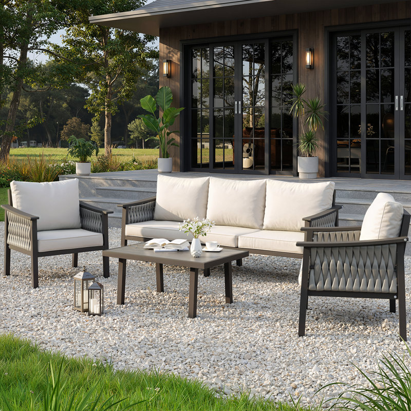 5-Person Luxury Outdoor Patio Set – Handwoven Rope, Aluminum Frame, Olefin Cushions, Beige