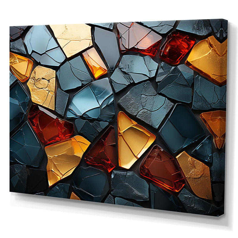 Carreaux de mosaïque dorés et bleus I - décoration murale en marbre, H 24 po x l 32 po x P 1 po, Toile tendue