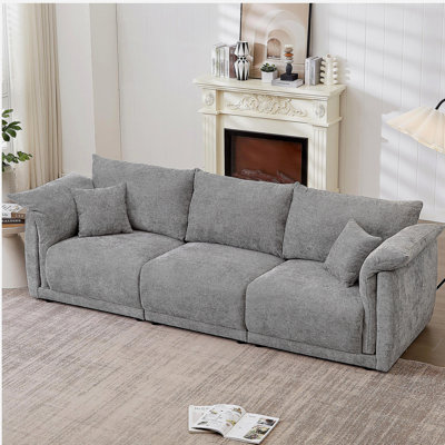 Canapé de 98,5 pouces à 3 places, avec un design unique, accoudoirs rembourrés, canapé en lin de style moderne, avec 3 coussins confortables et 2 coussins, gris, adapté pour le salon, la chambre à coucher et le bureau