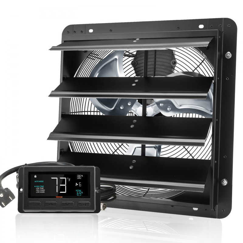 Shutter Exhaust Fan, 16'' with Temperature Humidity Controller,  EC-motor, 1747 CFM, 10-Speed Adjustable Wall Mount Attic Fan, Ventilation and Cooling for Greenhouses, Garages, Sheds, ETL Listed