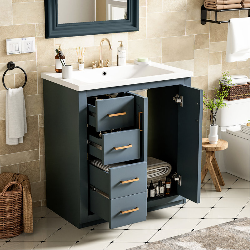 Meuble-lavabo en céramique de 76 cm (30 po) - Structure et panneaux en bois massif, 3 tiroirs spacieux et une armoire de rangement - Bleu - 2 portes - Unité de rangement fonctionnelle