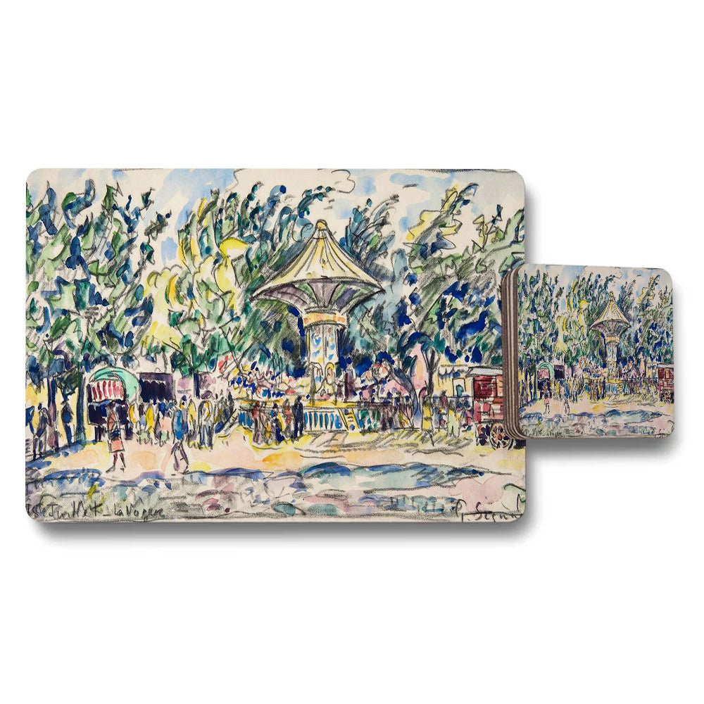 Impressionist Park Scene Placemat and Coaster Set with Carousel