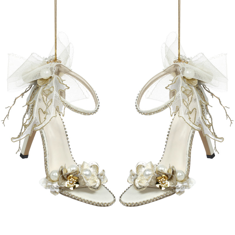 Chaussure ivoire, ornement avec sangle de diamant - ensemble de 2 x 4 x 7,5 po