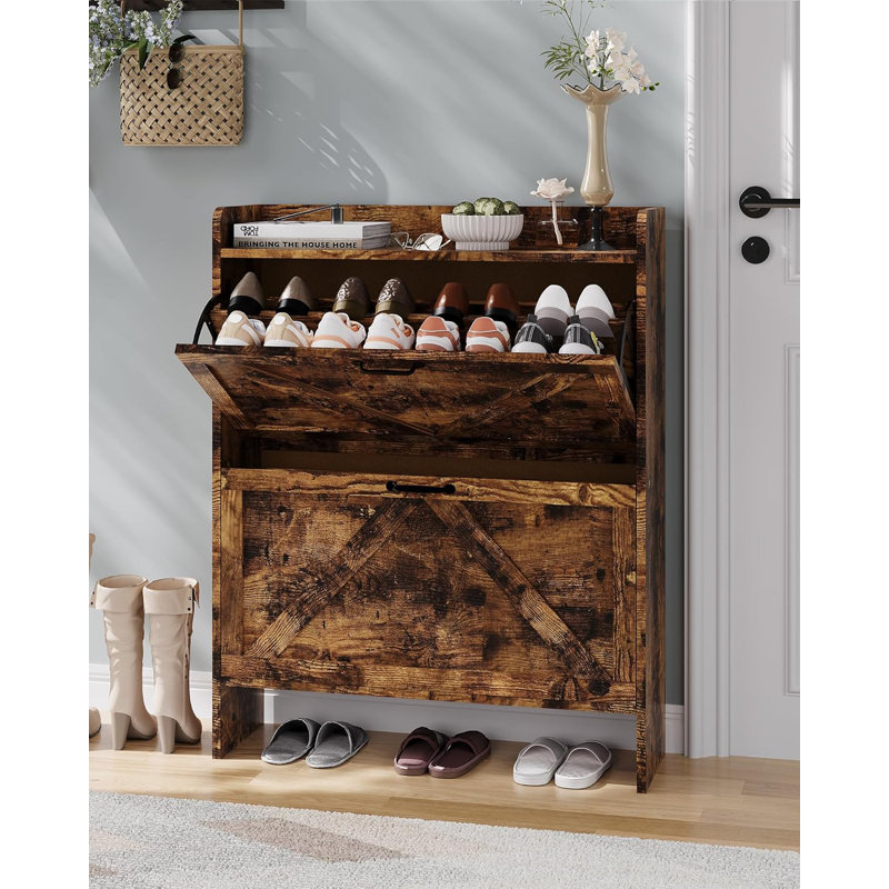 Rangement pour chaussures avec 2 tiroirs rabattables, armoire à chaussures Farmhouse, Brun