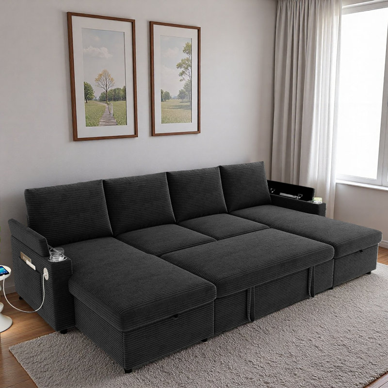 Convertible U-shaped Sectional Sofa With Storage Chaise Lounges, Cup Holders, Usb Ports, Storage Boxes And Pockets