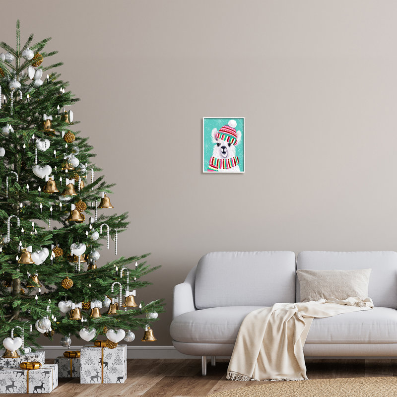 Chapeau écharpe festif d'hiver en forme de lama par Elizabeth Tyndall - Impression sur toile, H 14 po x l 11 po
