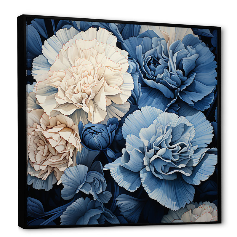 Arrangement mural œillets blancs et bleus VI - œillets, H 24 po x l 24 po x P 1 po, Cadre flottant noir