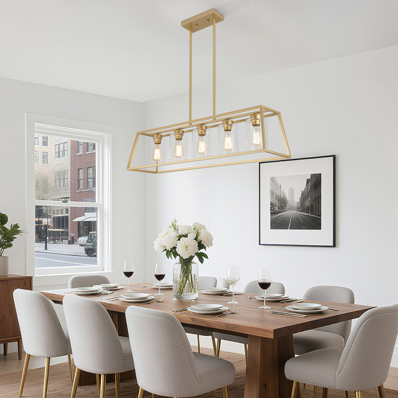 Lustres 5 lumières dorés pour salle à manger | Luminaire d'îlot de cuisine moderne | Lustre rectangulaire avec abat-jour en verre transparent | S'applique aux luminaires de salle à manger au-dessus de la table