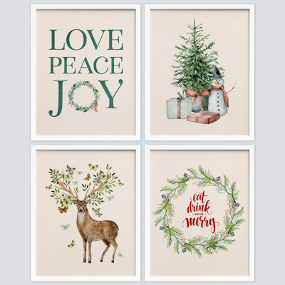 Couronne de Noël, cerf, bonhomme de neige, décor encadré sur papier, impression de 4 pièces