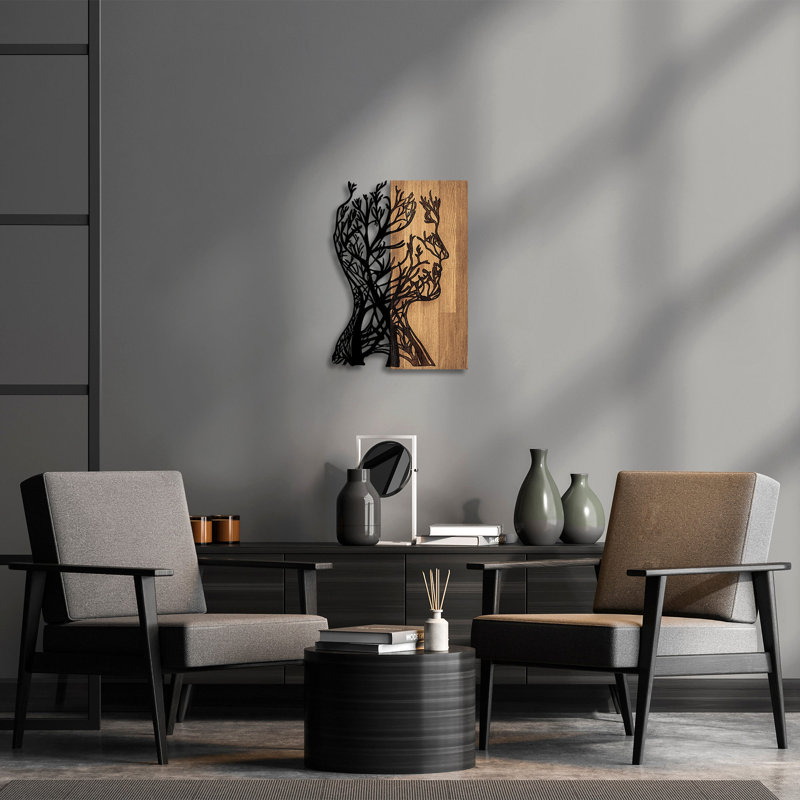 Decorative Wooden Wall Accessory, Black & Walnut, 16.9 x 1.2 x 22.8 inches | 50% Real Wood (Thickness: 1.2 inches) & 50% Metal (Thickness: 0.06 inches) | Stylish Wall Art, Unique Design for Home Décor & Modern Aesthetics