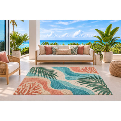 Tapis d'extérieur 152 x 213 cm, motif de palmiers aux formes courbes corail et turquoise, tapis bouclé en PVC imperméable, résistant et à séchage rapide, idéal pour porche, terrasse, balcon ou entrée.