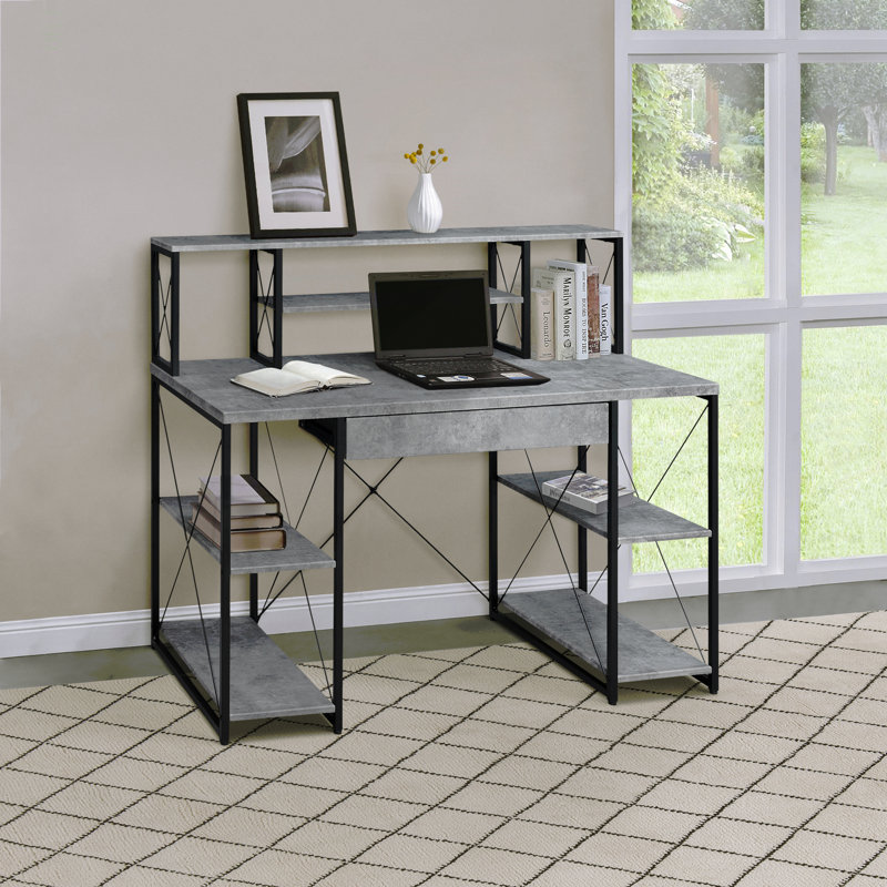 Bureau avec tablettes ouvertes et huche, Gris
