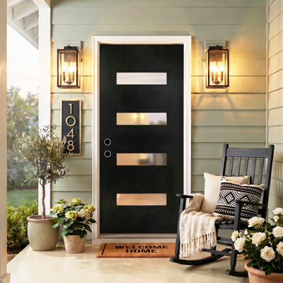 Porte d'entrée en fibre de verre 36 po x 80 po avec verre givré 4-Lite, ouverture vers la droite, cadre en vinyle blanc de 4-9 / 16 po et moulure de brique, finition noire, style contemporain