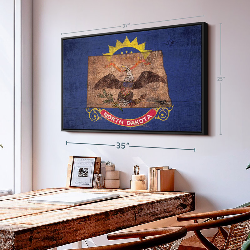 «State Map Over North Dakota Flag Wall Art», H 25 po x l 37 po
