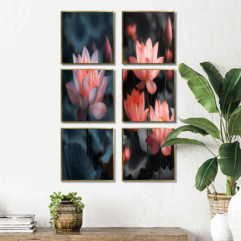 Ensemble de 6 impressions sur toile Lotus, Impression encadrée sans passe-partout, Doré
