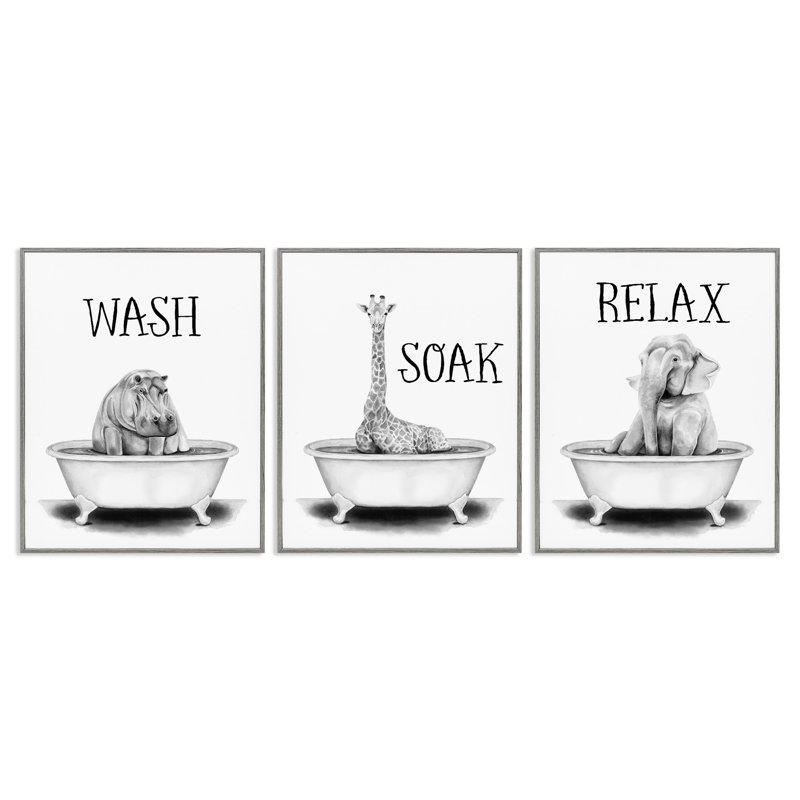 «Wash Soak Relax Jungle Animals», ensemble de 3 giclées encadrées par Rachel Nieman, H 30 po x l 24 po